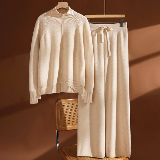 Women’s Wool Knit Set with Sweater and Wide-Leg Pants