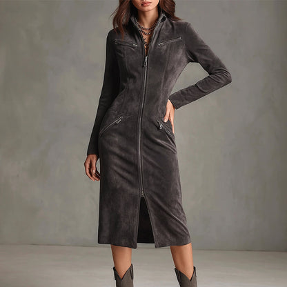 Women’s Zip-Front Suede Midi Dress with Long Sleeves