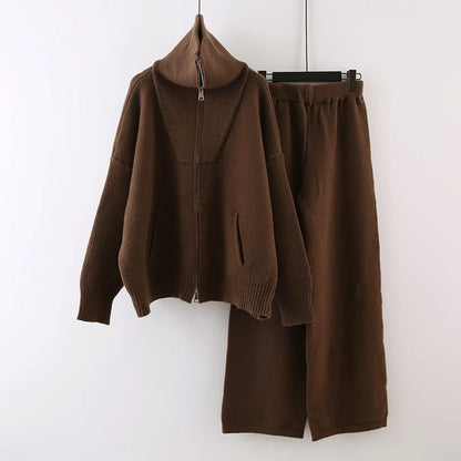 Co-ord Knit Set with Zip-Front Cardigan and Wide-Leg Pants for Women