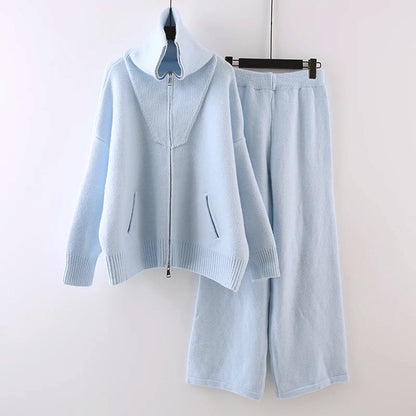 Co-ord Knit Set with Zip-Front Cardigan and Wide-Leg Pants for Women