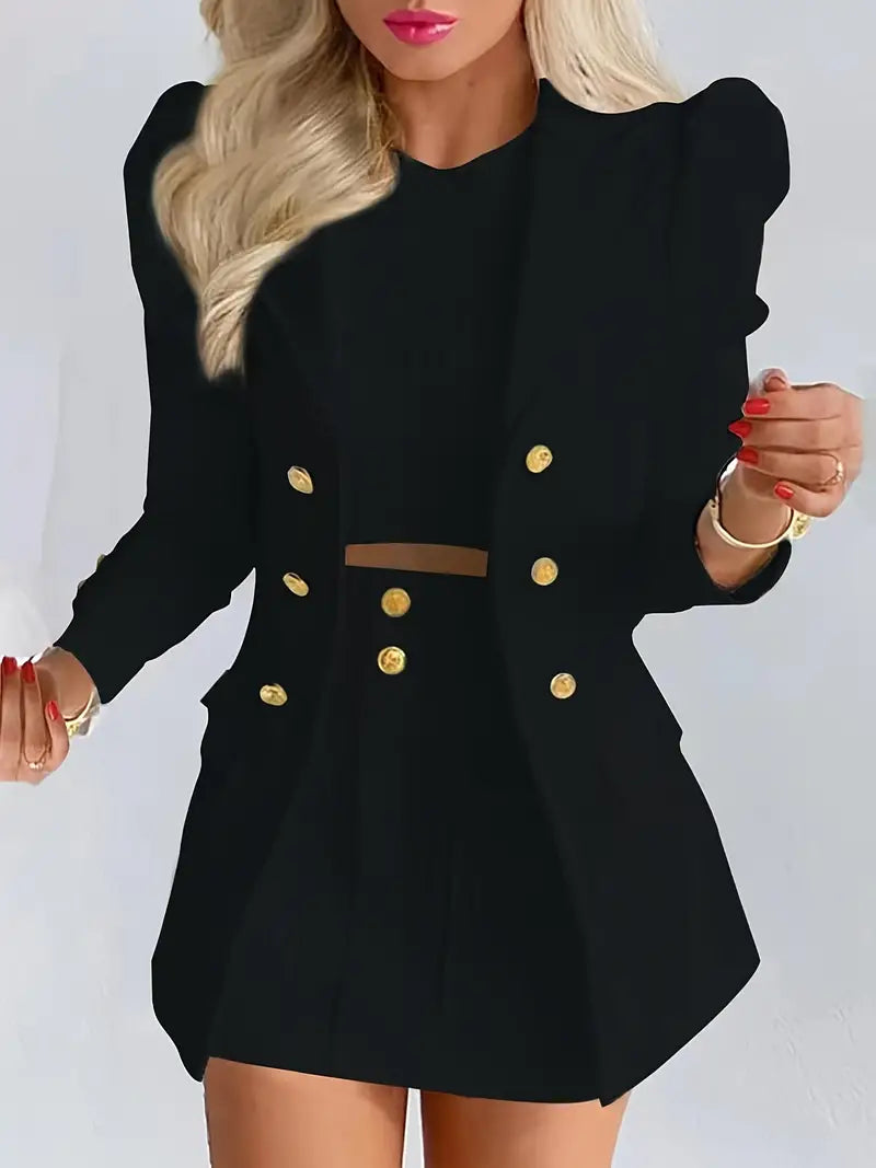 Two-Piece Elegant Lapel Blazers Set - Soft Micro Elastic Polyester Solid Color Knit Fabric, Long Sleeve & Mini Skirt, Perfect for Fall/Winter, Womens Clothing