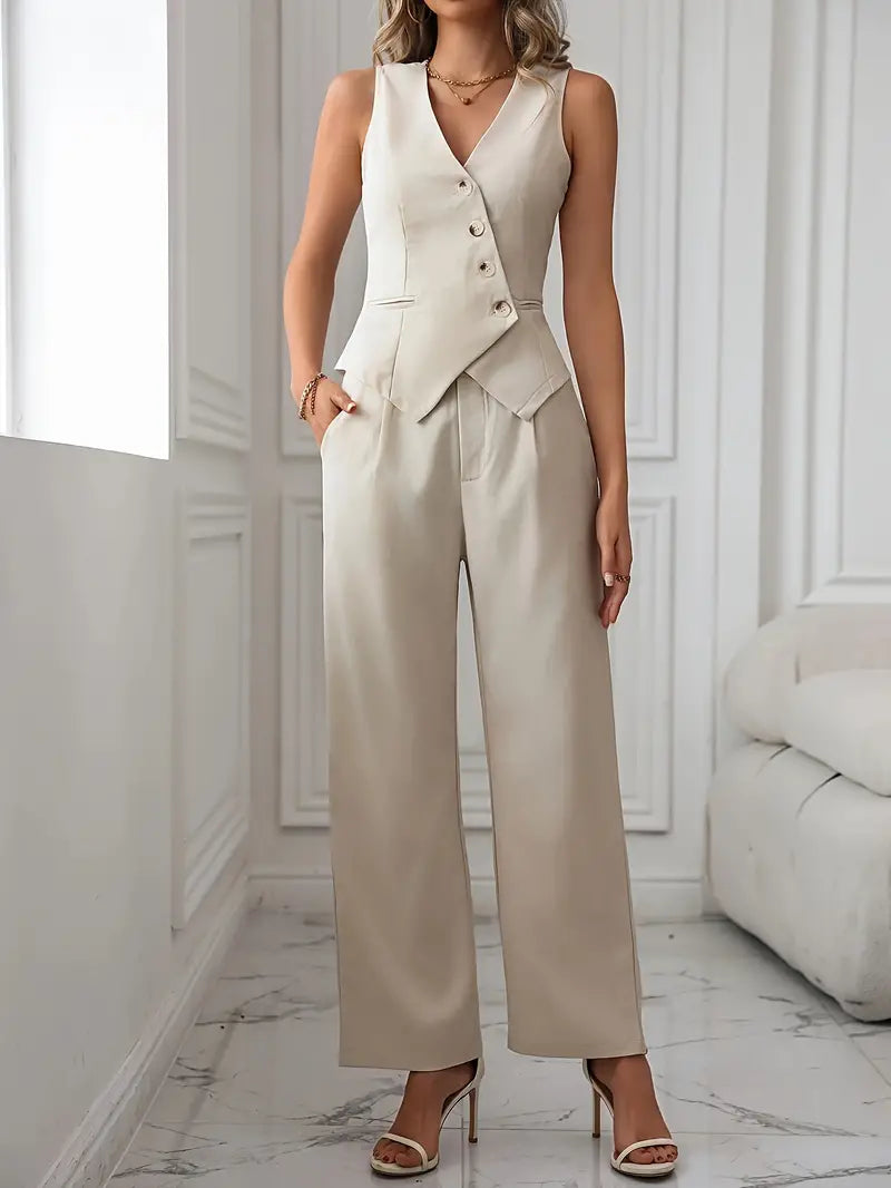 Stylish One-Piece Pantsuits Set - Single Breasted Vest, Flare Leg Pants, Elegant Outfit for Women - Comfortable, Versatile, and Chic Clothing for Daily Wear and Special Occasions