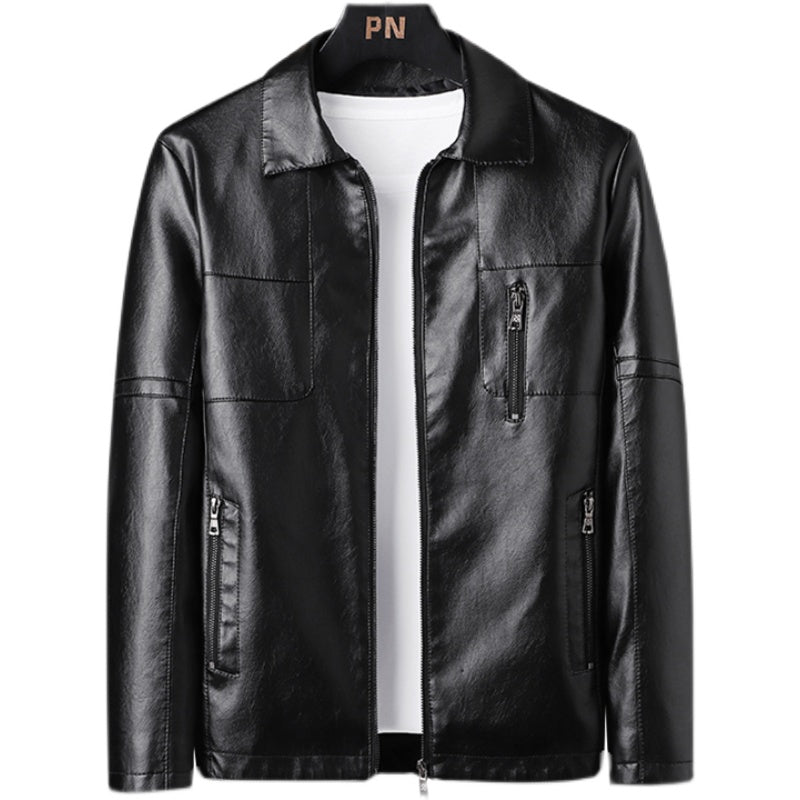 front view of lack leather jacket with white shirt