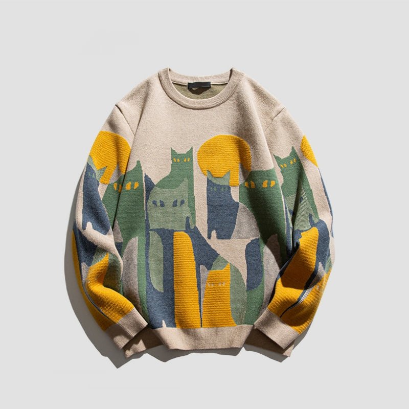 Vintage Cartoon Cat Print Sweater - Infinityloyal