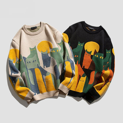 Vintage Cartoon Cat Print Sweater - Infinityloyal