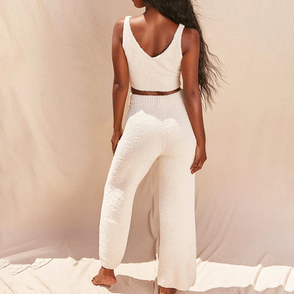 Women’s 2-Piece Fluffy Loungewear Set with Tank Top and Wide-Leg Pants
