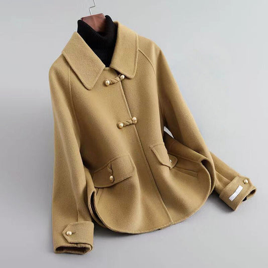 Women’s Double-Sided Short Wool Coat with Pearl Buttons