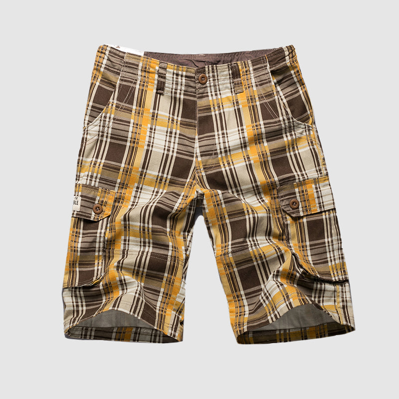 brown-yellow plaid cargo shorts